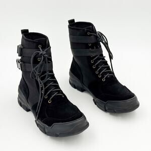 Ashley Stewart Lug Combat Boots Black Vegan Suede Buckle Lace-Up Size 10W